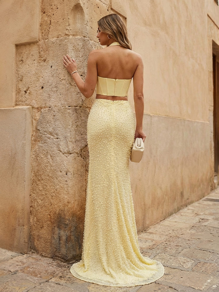 Halter Sequin Mermaid Prom Dresses with Slit
