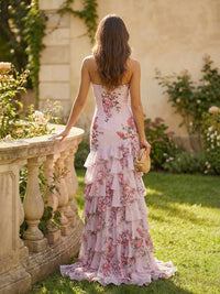 Strapless Tiered Chiffon Mermaid Prom Dresses with Bow