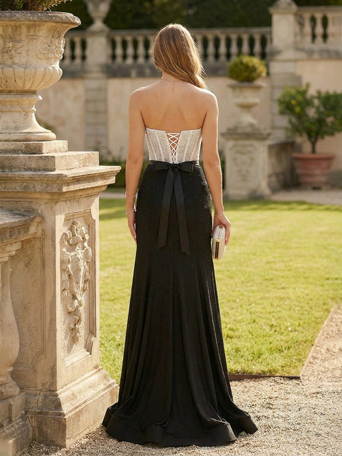 Strapless Sequin Mermaid Prom Dresses with Bow and Slit