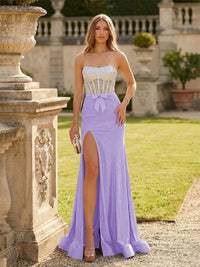 Strapless Sequin Mermaid Formal Occasion Dresses with Bow and Slit