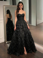 Tulle Ball Gown Tiered Sweetheart Sequin Prom Dresses