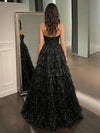 Tulle Ball Gown Tiered Sweetheart Sequin Prom Dresses