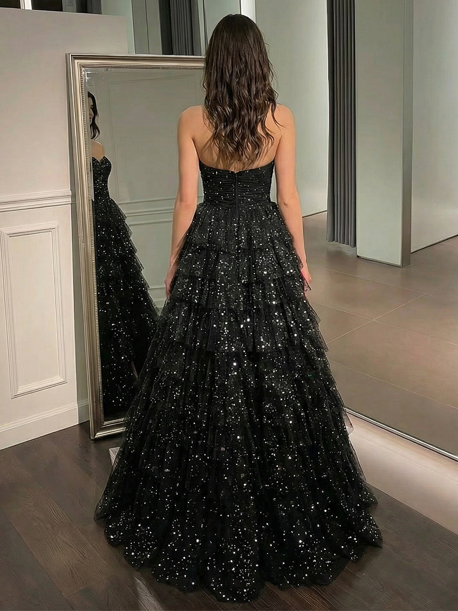 Tulle Ball Gown Tiered Sweetheart Sequin Prom Dresses