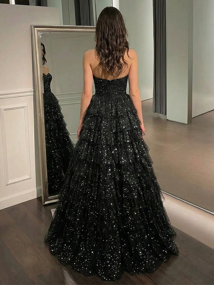 Tulle Ball Gown Tiered Sweetheart Sequin Prom Dresses