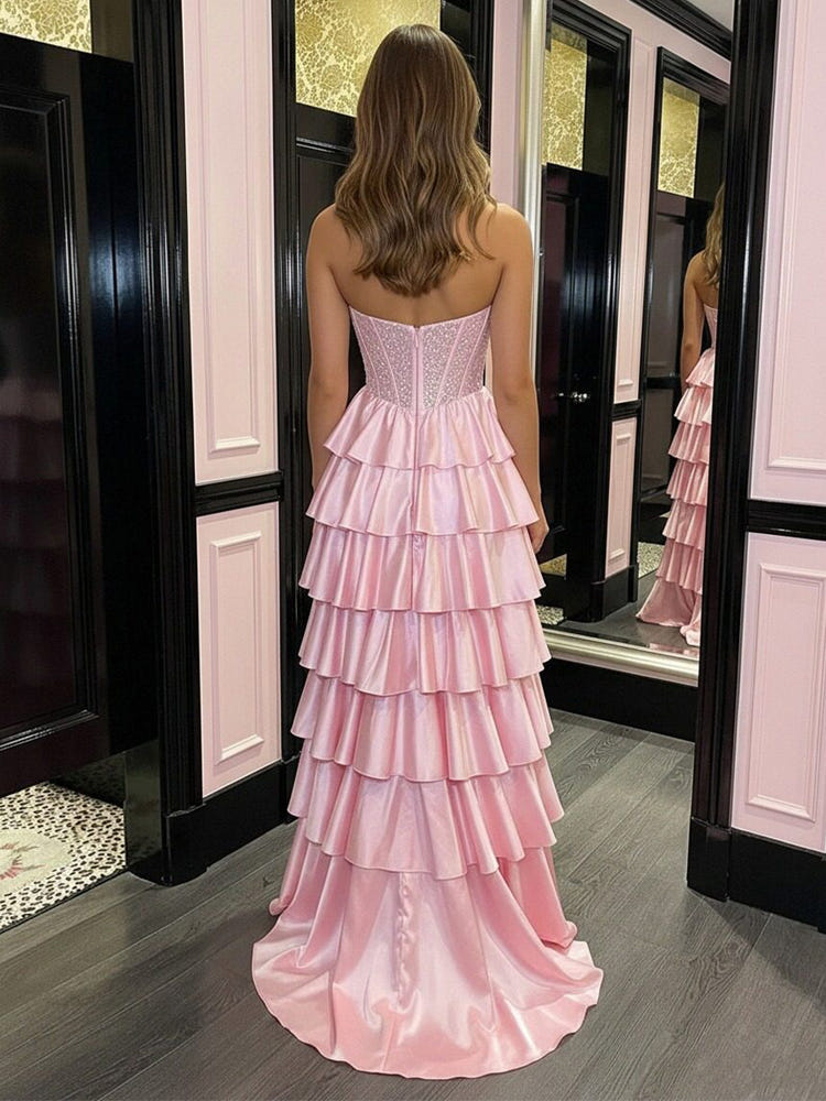 Satin Mermaid Sweetheart Tiered Prom Dresses