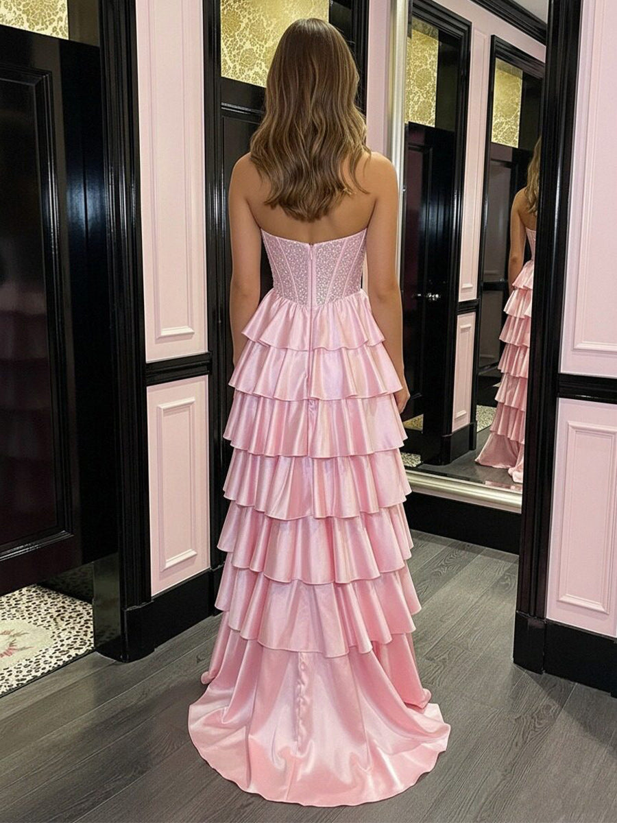 Satin Mermaid Sweetheart Tiered Prom Dresses