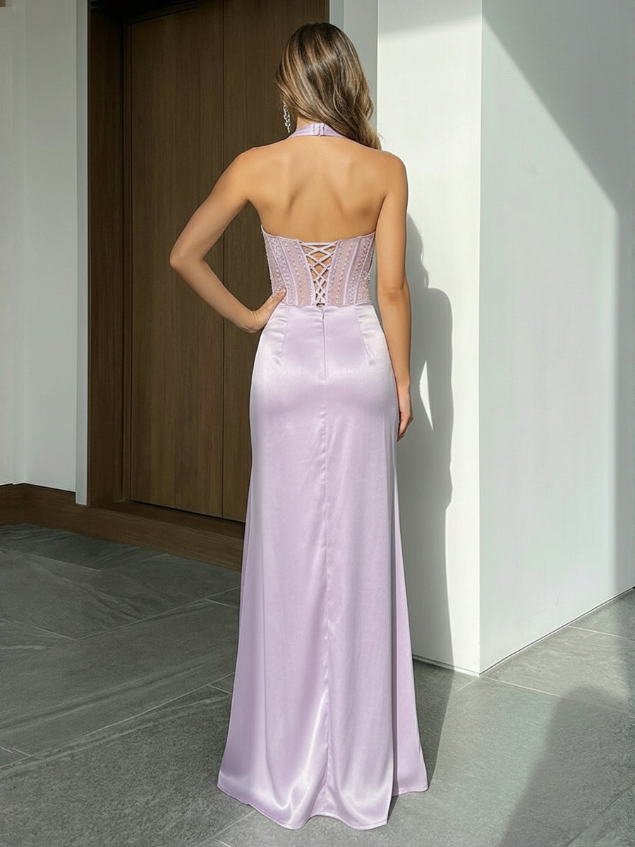 Satin Mermaid Halter Beaded Prom Dresses