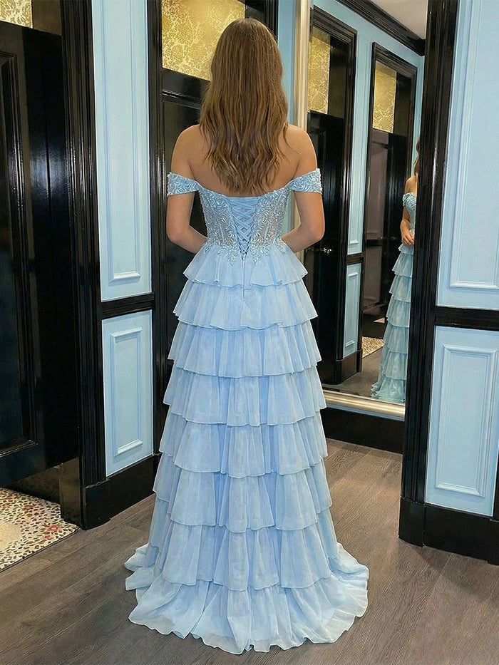 Chiffon A Line Off the Shoulder Lace Applique  Prom Dresses