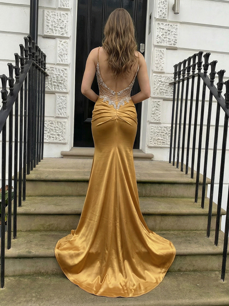 Satin Mermaid Spaghetti Straps Lace Applique  Prom Dresses