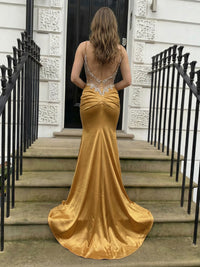 Satin Mermaid Spaghetti Straps Lace Applique  Prom Dresses