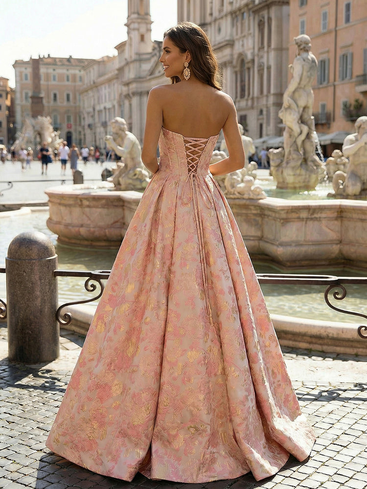 2026 Pink Jacquard Prom Dresses Sweetheart A-Line Ruched Floral Satin Strapless Floor-Length Evening Ball Gowns