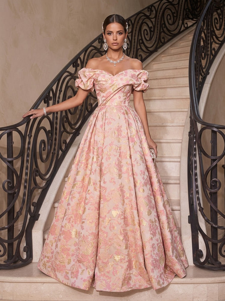 Long A Line Elegant Satin Jacquard Off the Shoulder Evening Dresses Gown