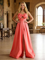Satin A-Line Strapless Prom Dresses with Bow
