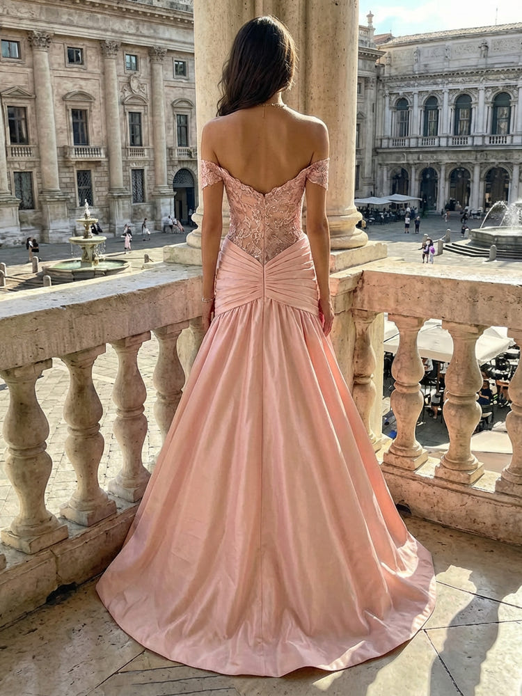 Satin Mermaid Off the Shoulder Lace Applique Evening Gown