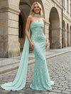 Sequin Chiffon Mermaid Strapless Evening Dresses with Scarf
