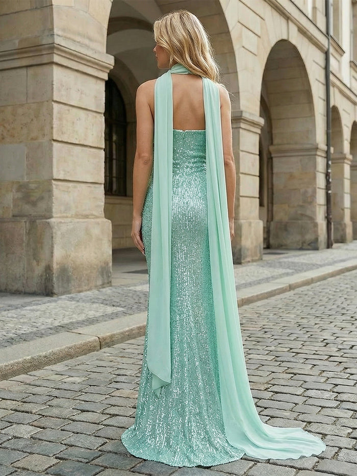 Sequin Chiffon Mermaid Strapless Evening Dresses with Scarf