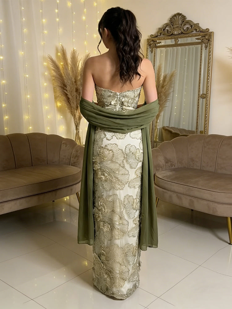 Beaded Satin Sheath Sweetheart Sequin Embroidery Evening Dresses with Scarf
