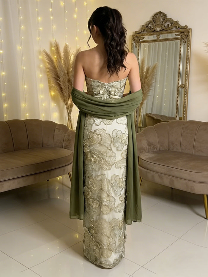 Beaded Satin Sheath Sweetheart Sequin Embroidery Evening Dresses with Scarf