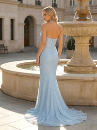 Halter Mermaid Beaded V Neck Prom Dresses