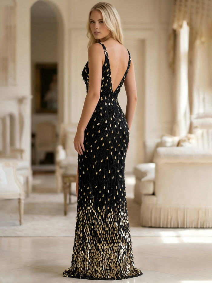 V Neck Mermaid Sequin Prom Dresses with Slit