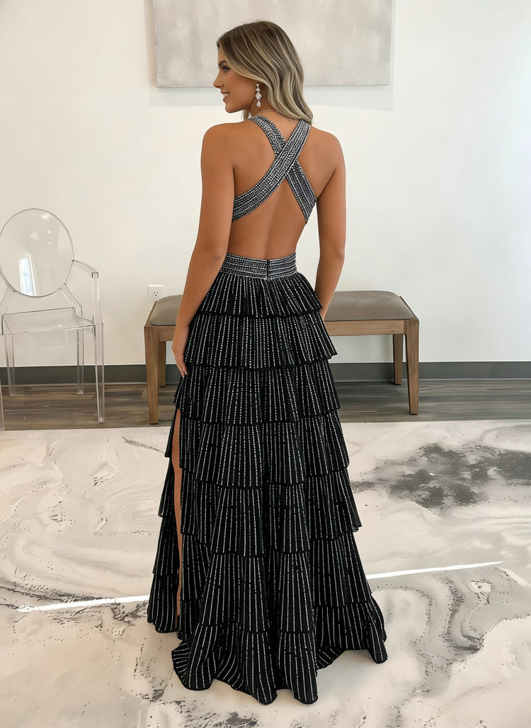 Halter V Neck A Line Tiered Prom Dresses with Slit