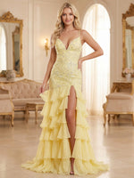 Spaghetti Straps V Neck A Line Prom Dresses with Slit