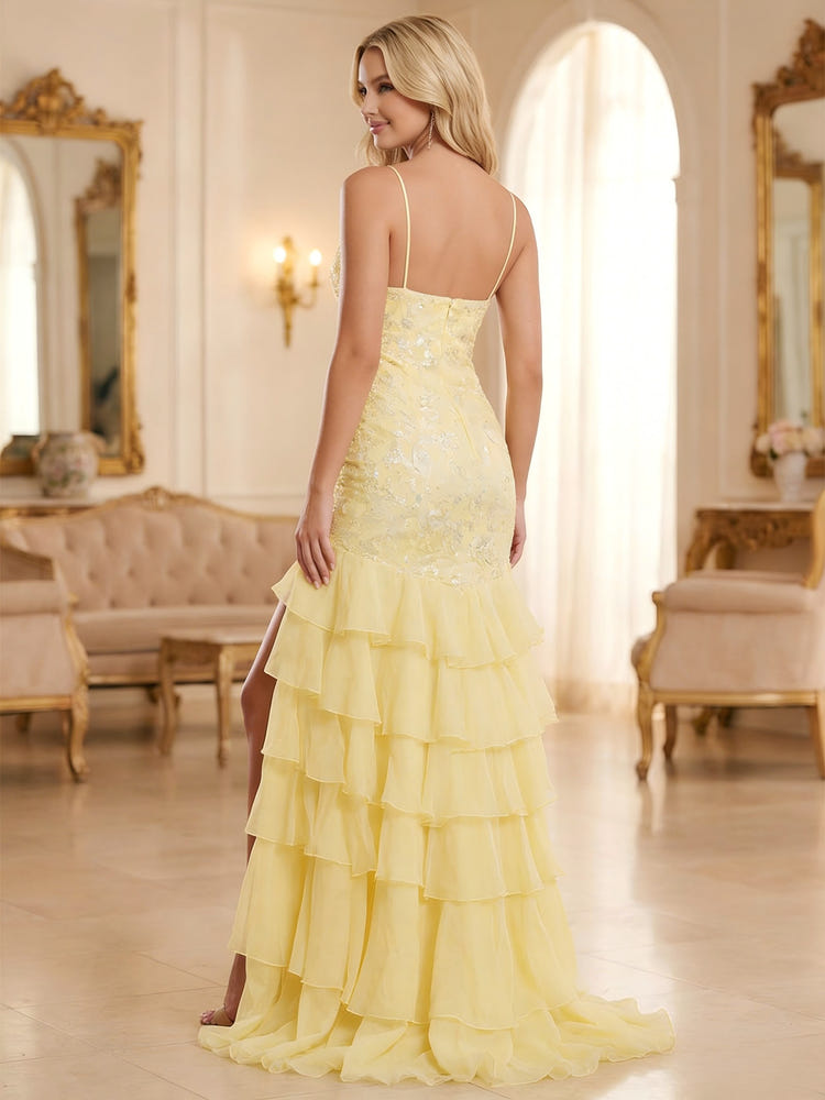 Spaghetti Straps V Neck A Line Prom Dresses with Slit