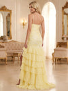 Spaghetti Straps V Neck A Line Prom Dresses with Slit