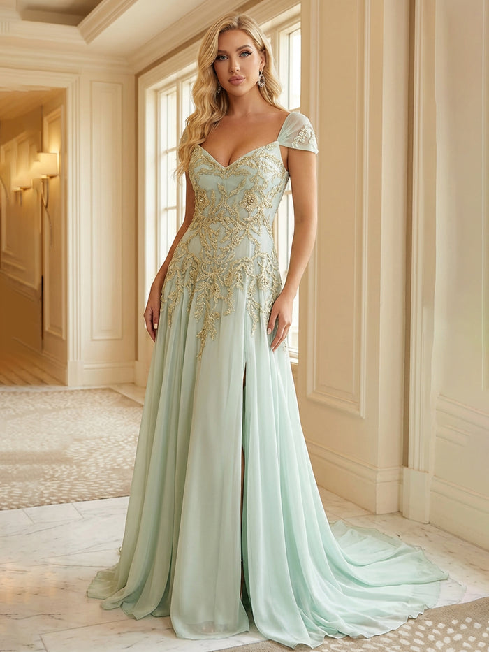 V Neck Chiffon Lace Appliques Prom Dresses with Slit