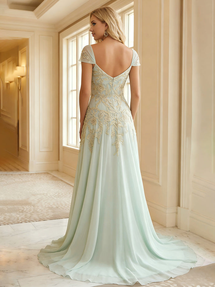 V Neck Chiffon Lace Appliques Prom Dresses with Slit