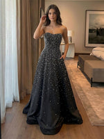 Elegant A Line Strapless Glitter Satin Evening Dresses with Full Beads