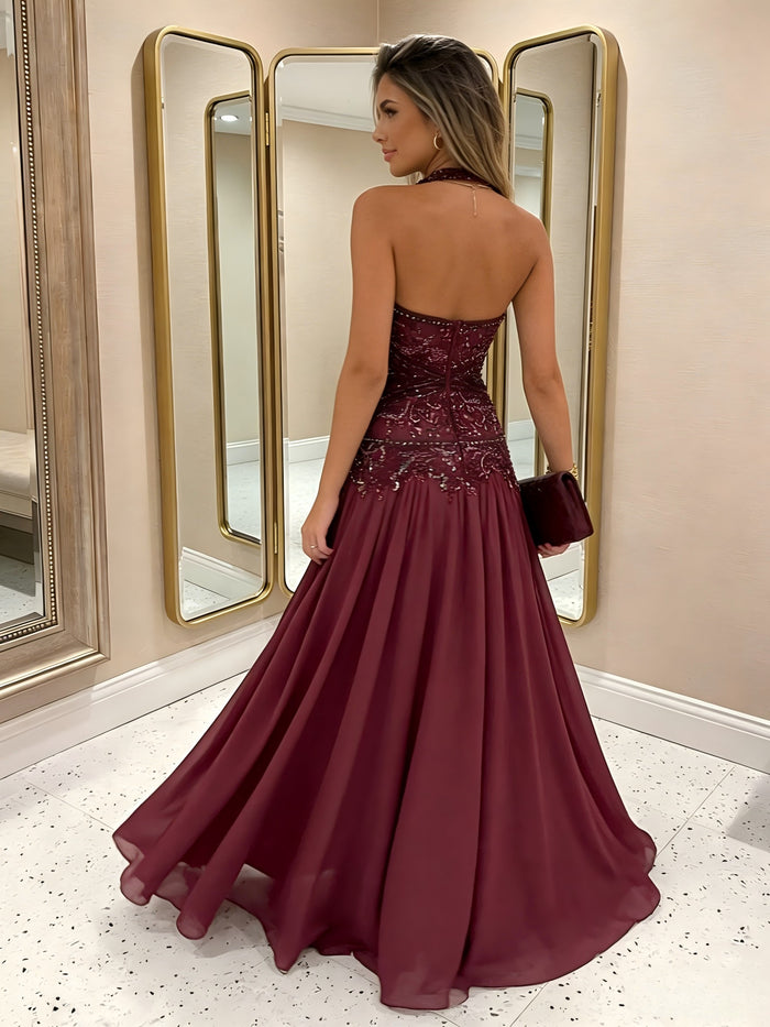 Glitter Lace Appliques Halter A Line Prom Dresses