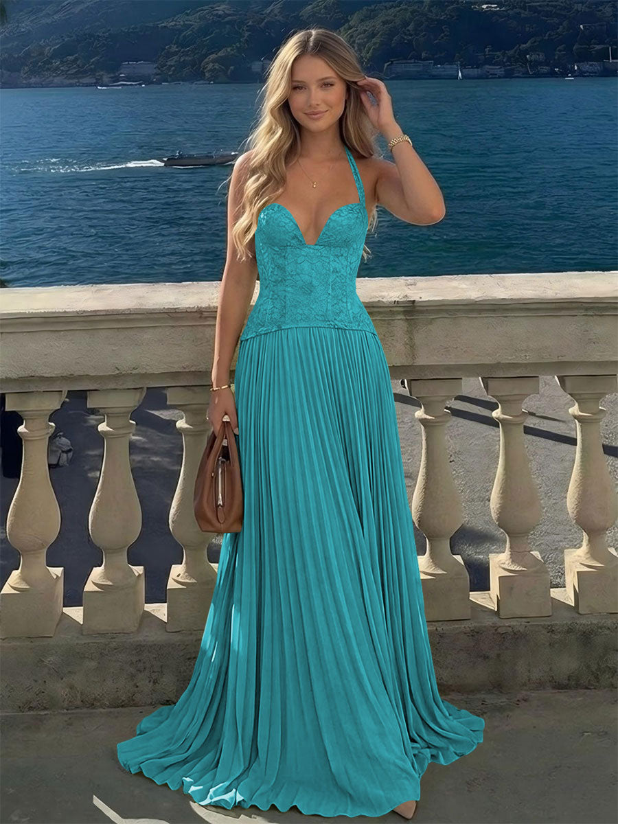Halter Lace Appliques A Line Formal Occasion Dresses