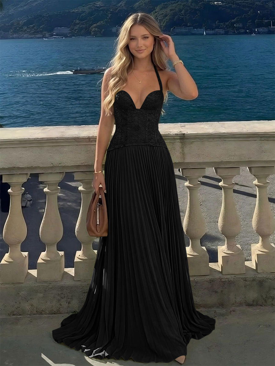 Halter Lace Appliques A Line Formal Occasion Dresses