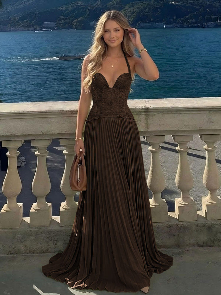 Halter Lace Appliques A Line Formal Occasion Dresses