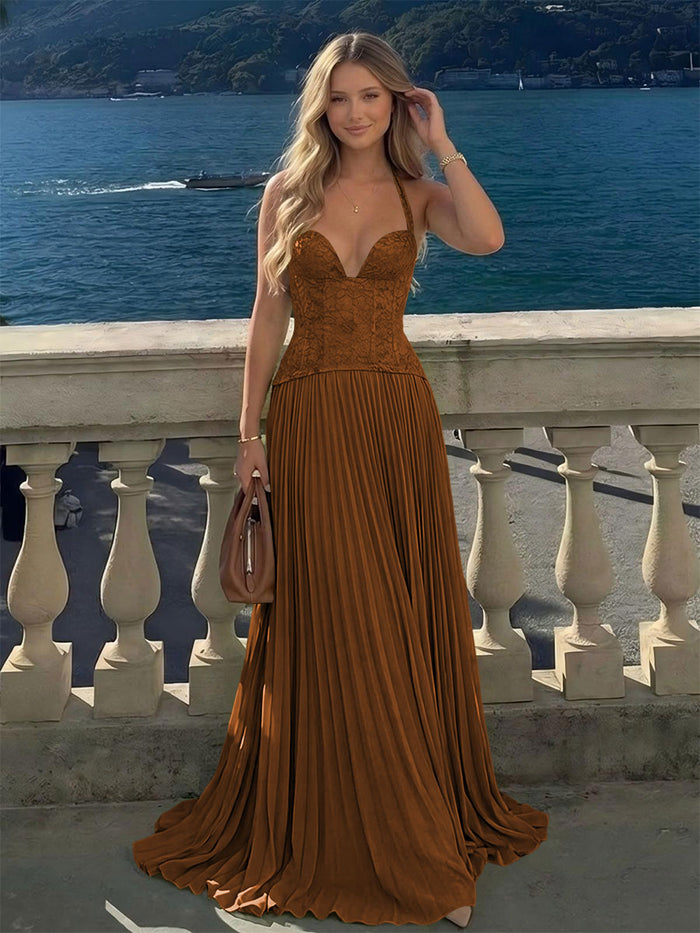 Halter Lace Appliques A Line Formal Occasion Dresses