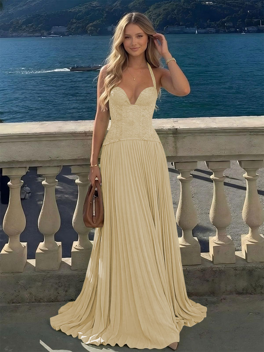 Halter Lace Appliques A Line Formal Occasion Dresses