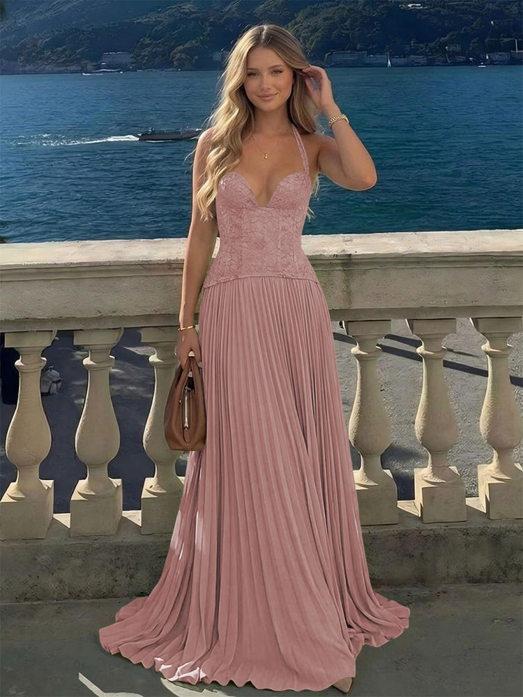 Halter Lace Appliques A Line Formal Occasion Dresses