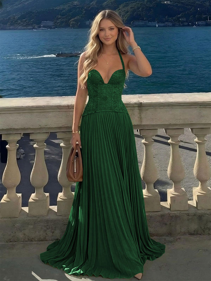 Halter Lace Appliques A Line Formal Occasion Dresses