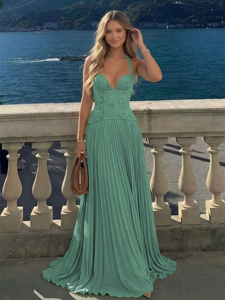 Halter Lace Appliques A Line Formal Occasion Dresses