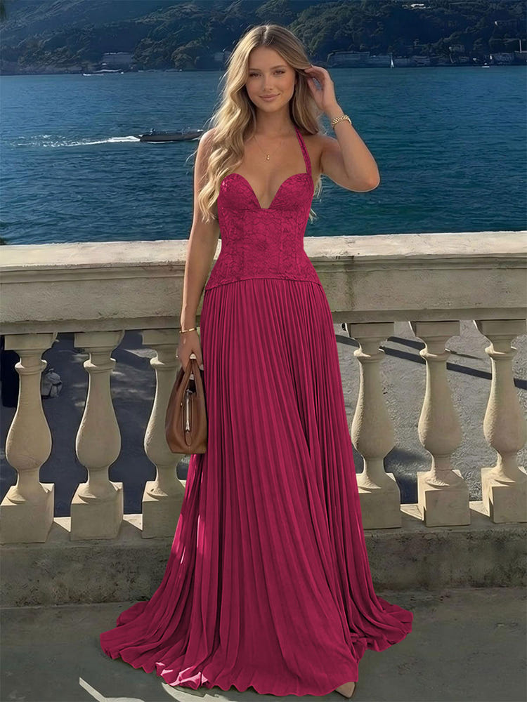 Halter Lace Appliques A Line Formal Occasion Dresses