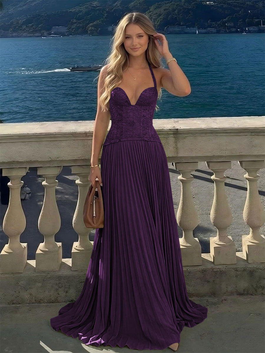 Halter Lace Appliques A Line Formal Occasion Dresses