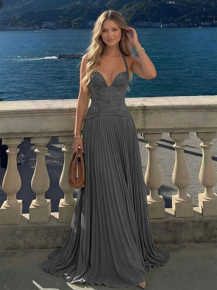 Halter Lace Appliques A Line Formal Occasion Dresses