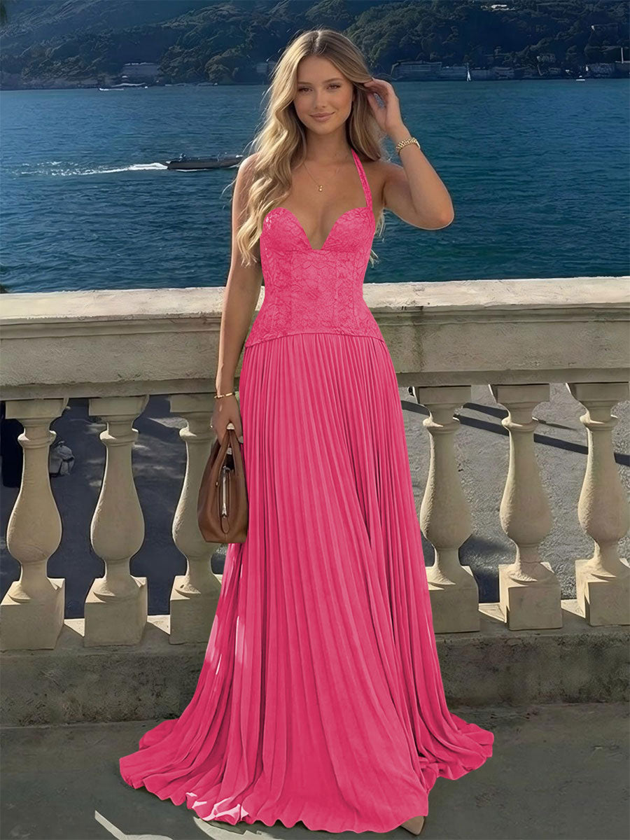 Halter Lace Appliques A Line Formal Occasion Dresses