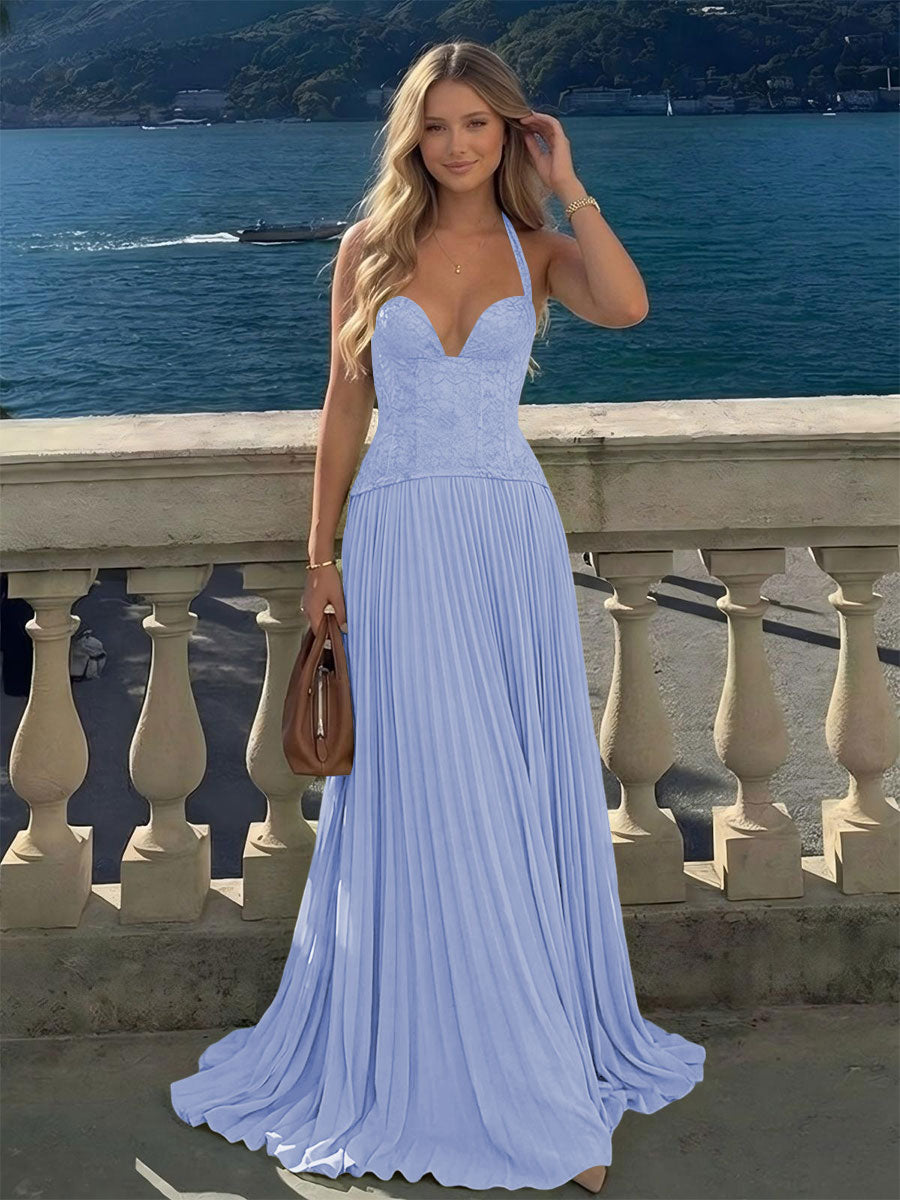 Halter Lace Appliques A Line Formal Occasion Dresses