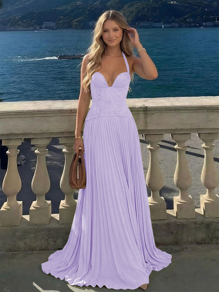 Halter Lace Appliques A Line Formal Occasion Dresses