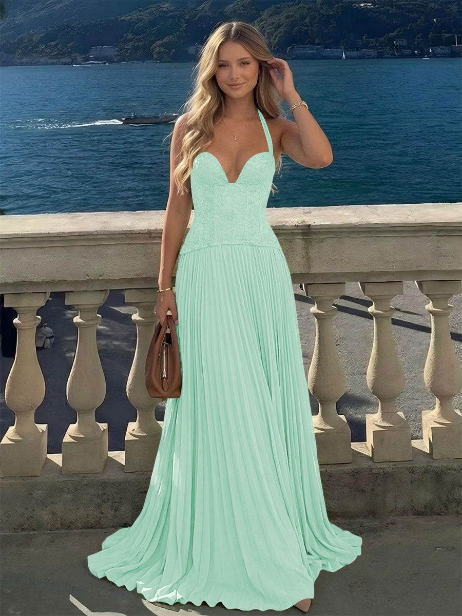 Halter Lace Appliques A Line Formal Occasion Dresses