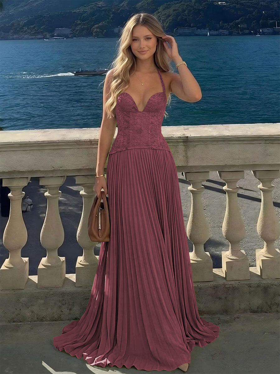Halter Lace Appliques A Line Formal Occasion Dresses