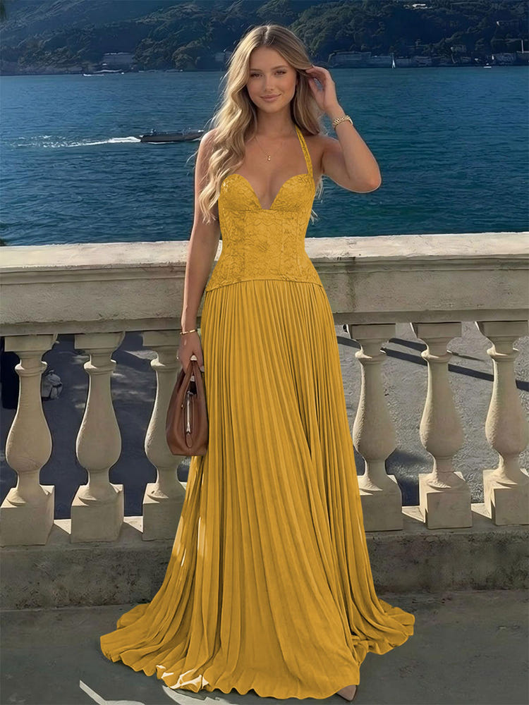 Halter Lace Appliques A Line Formal Occasion Dresses