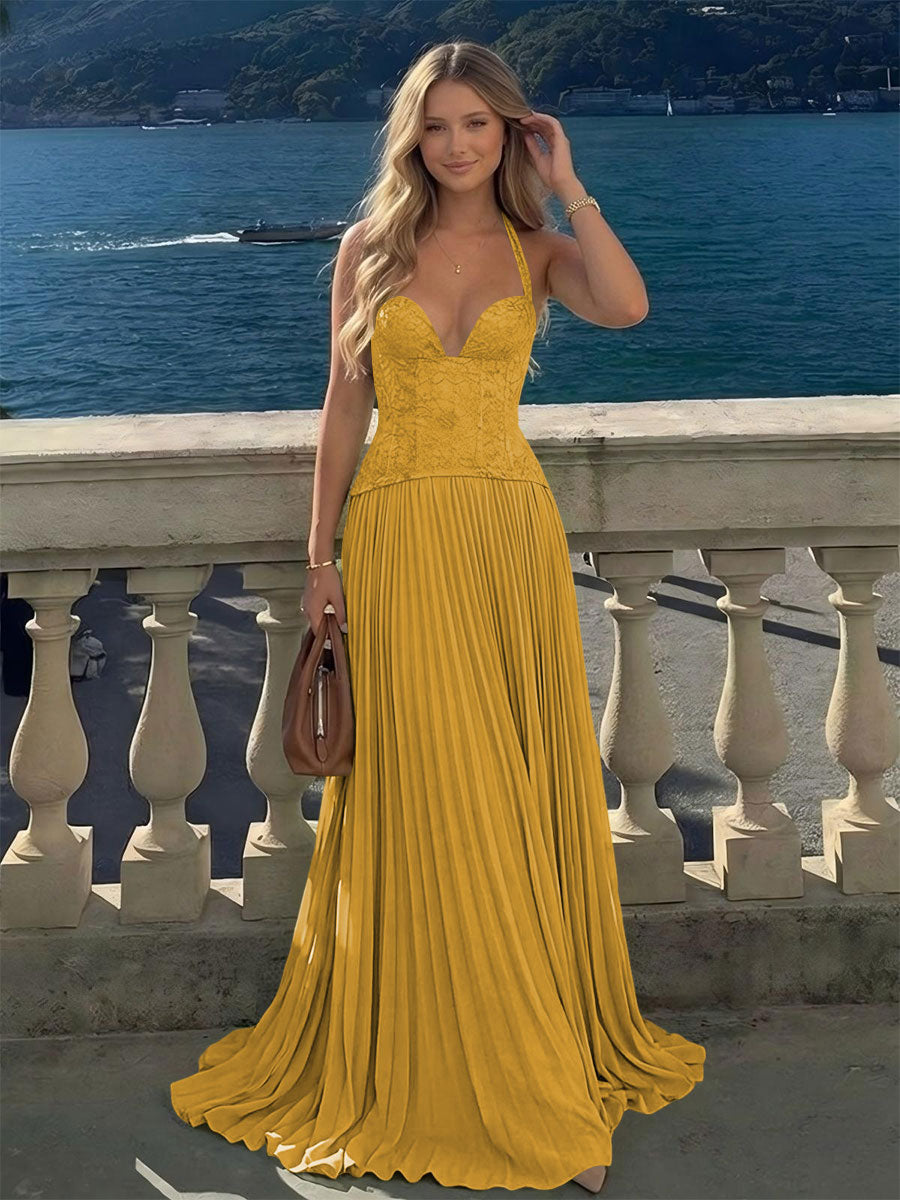 Halter Lace Appliques A Line Formal Occasion Dresses